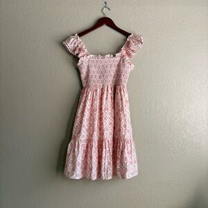 Pink Floral Smocked Cottage core shorts lined Dress Lace Ruffle Sleeve Size M